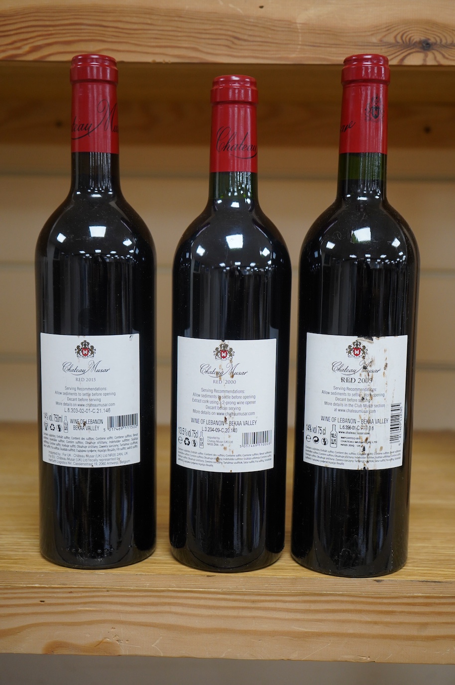 Three bottles of Chateau Musar; 2000, 2003 and 2015. Condition - good